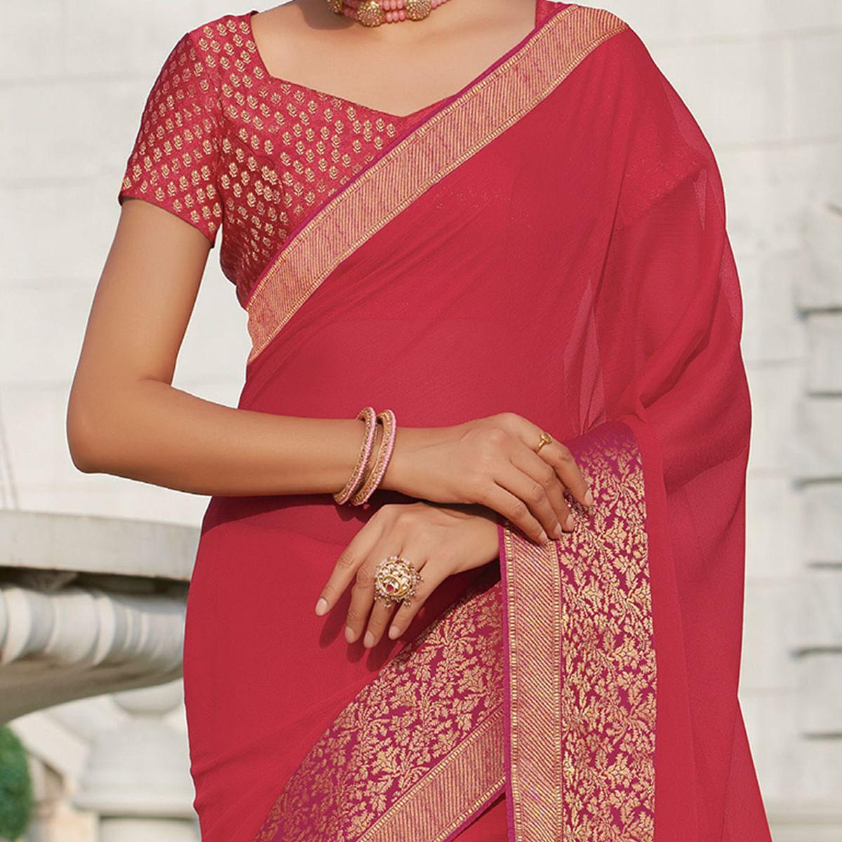 Energetic Pink Colored Party Wear Embroidered Chiffon Saree
