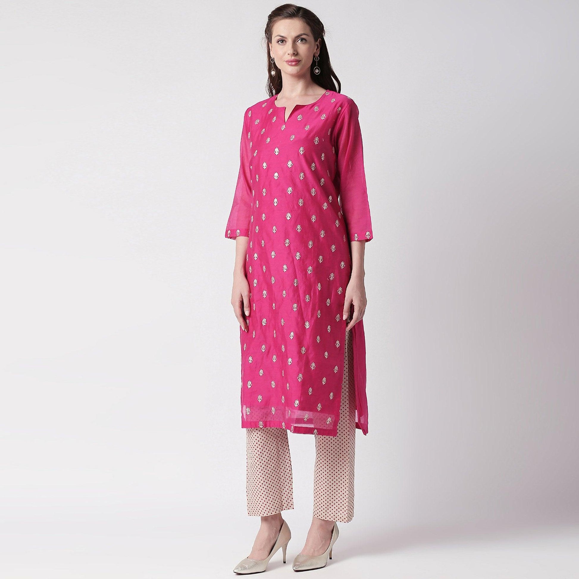 Energetic Pink Colored Partywear Embroidered Silk Kurti - Bottom Set