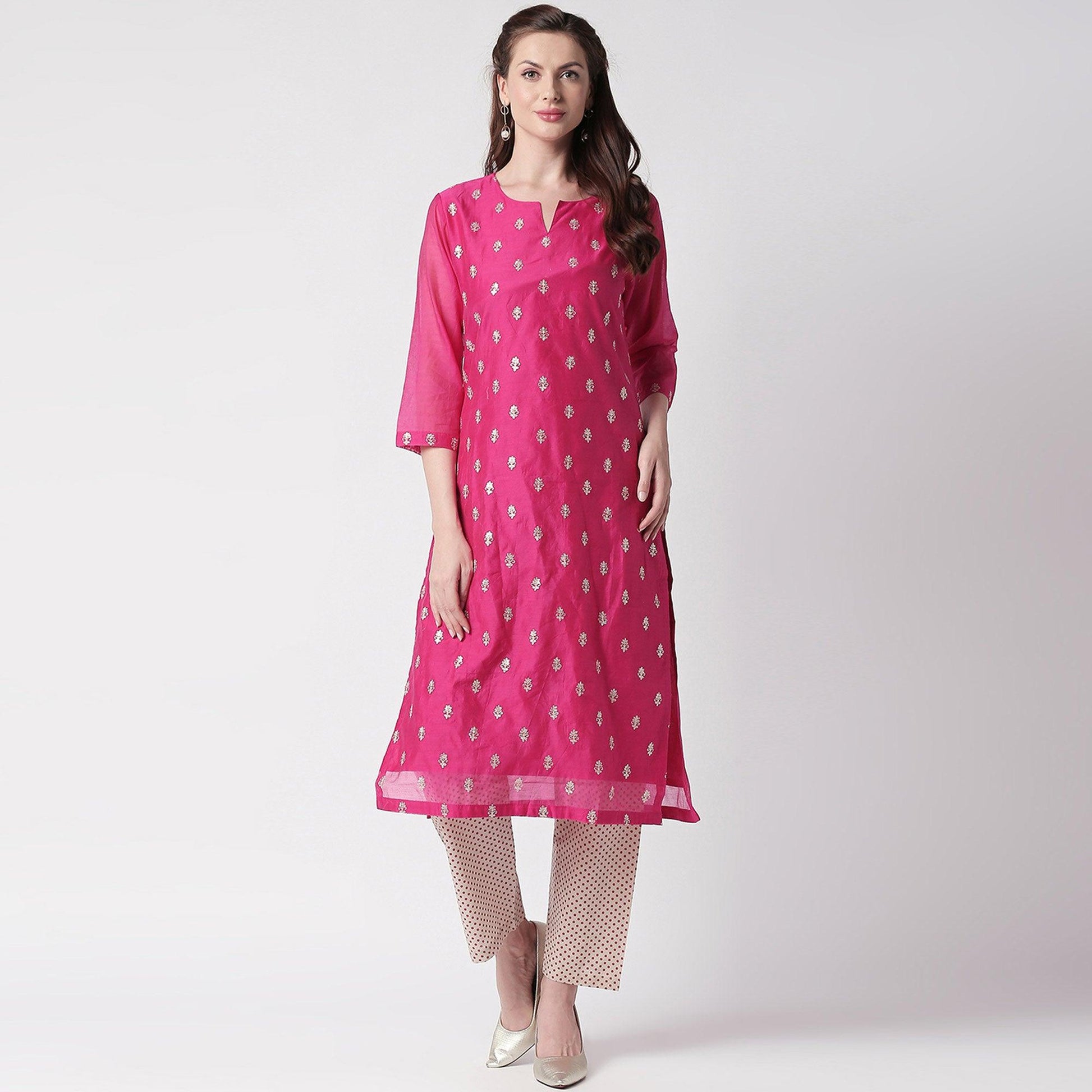 Energetic Pink Colored Partywear Embroidered Silk Kurti - Bottom Set
