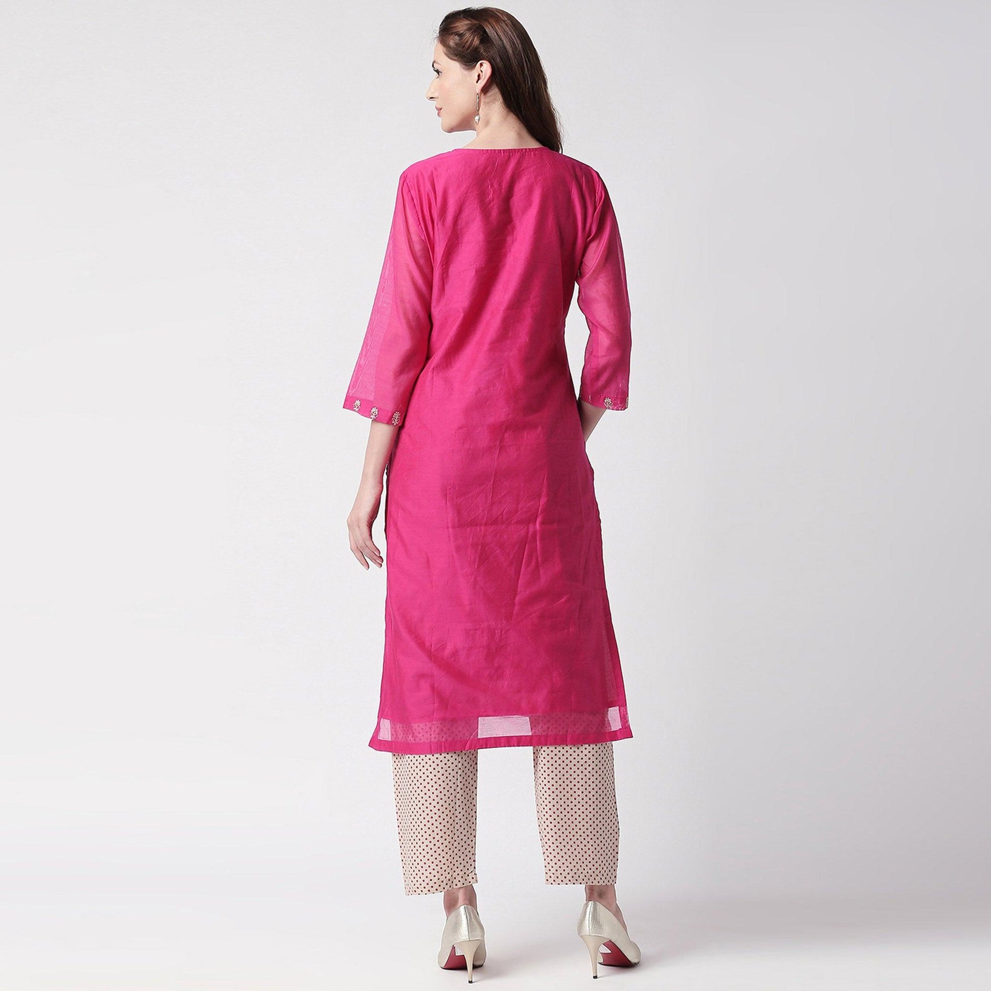Energetic Pink Colored Partywear Embroidered Silk Kurti - Bottom Set