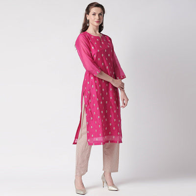 Energetic Pink Colored Partywear Embroidered Silk Kurti - Bottom Set