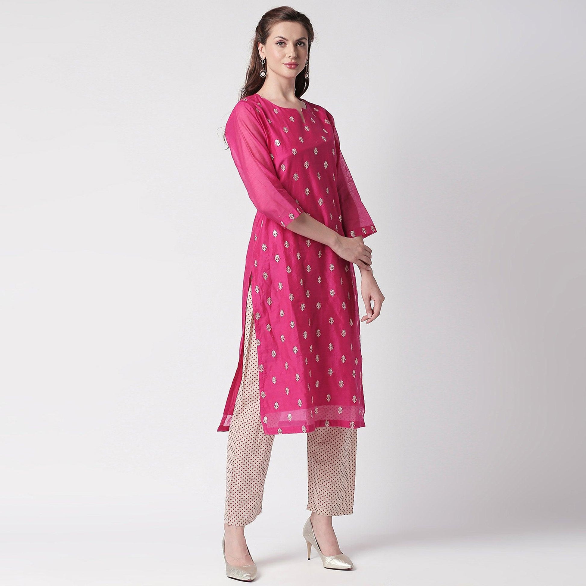 Energetic Pink Colored Partywear Embroidered Silk Kurti - Bottom Set