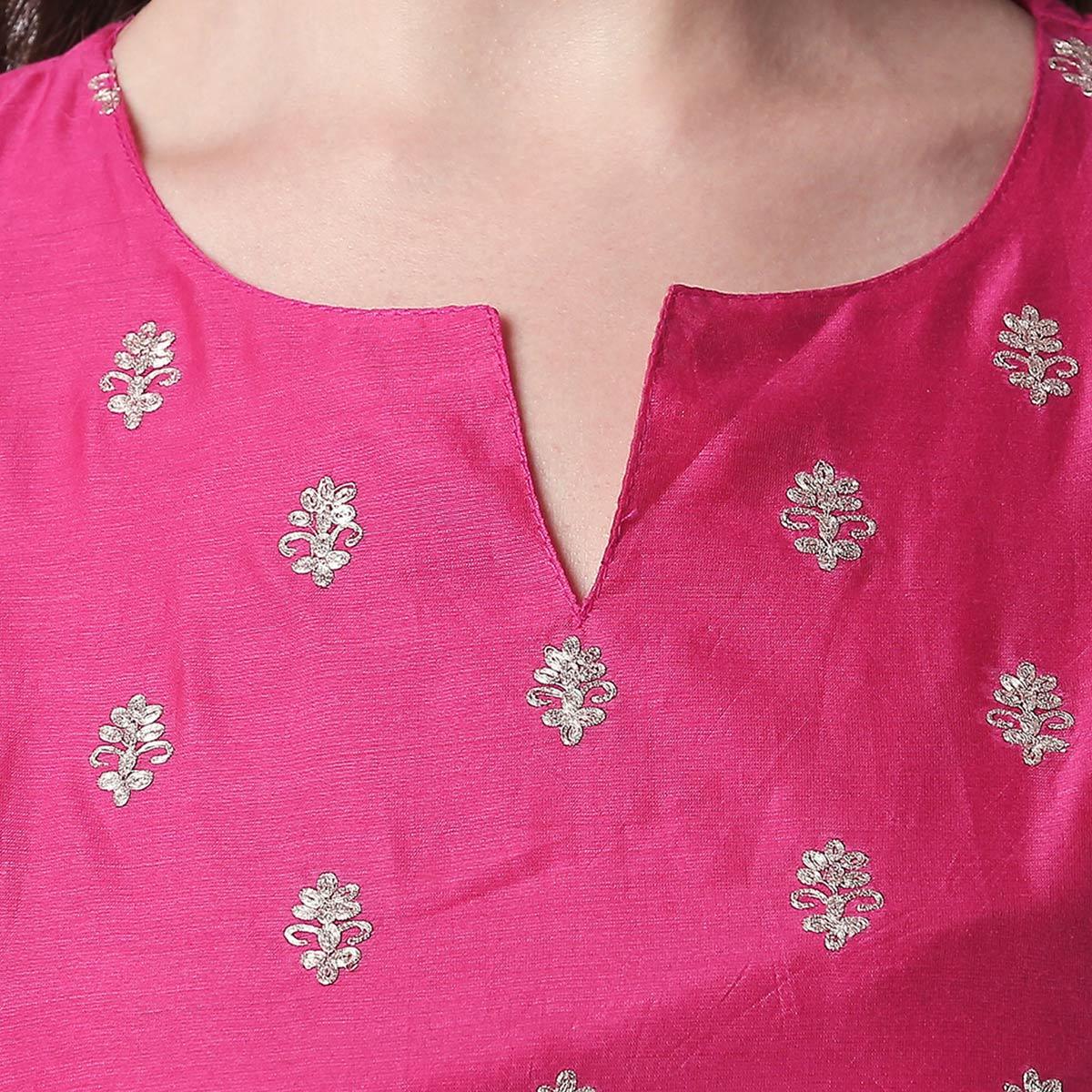 Energetic Pink Colored Partywear Embroidered Silk Kurti - Bottom Set