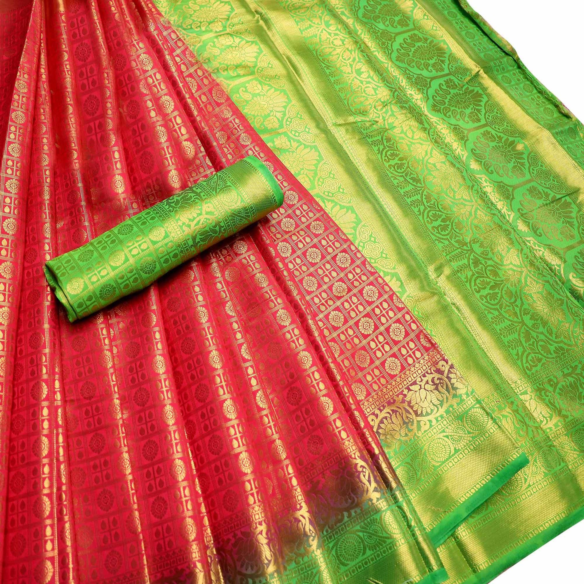 Energetic Pink-Green Colored Festive Wear Woven Art Silk Saree