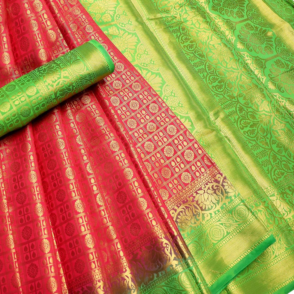 Energetic Pink-Green Colored Festive Wear Woven Art Silk Saree
