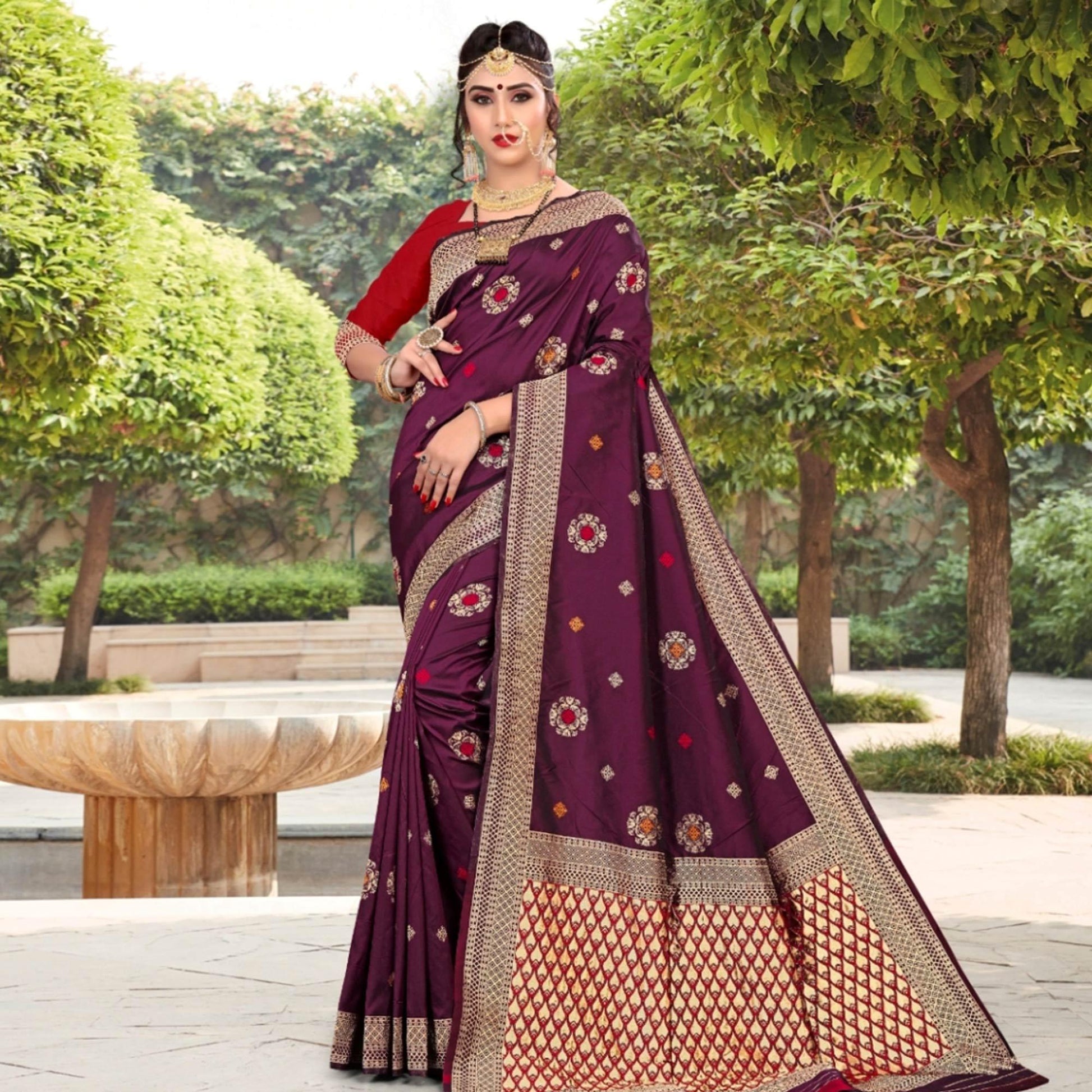Energetic Purple Colored Festive Wear Woven Lichi Silk Saree
