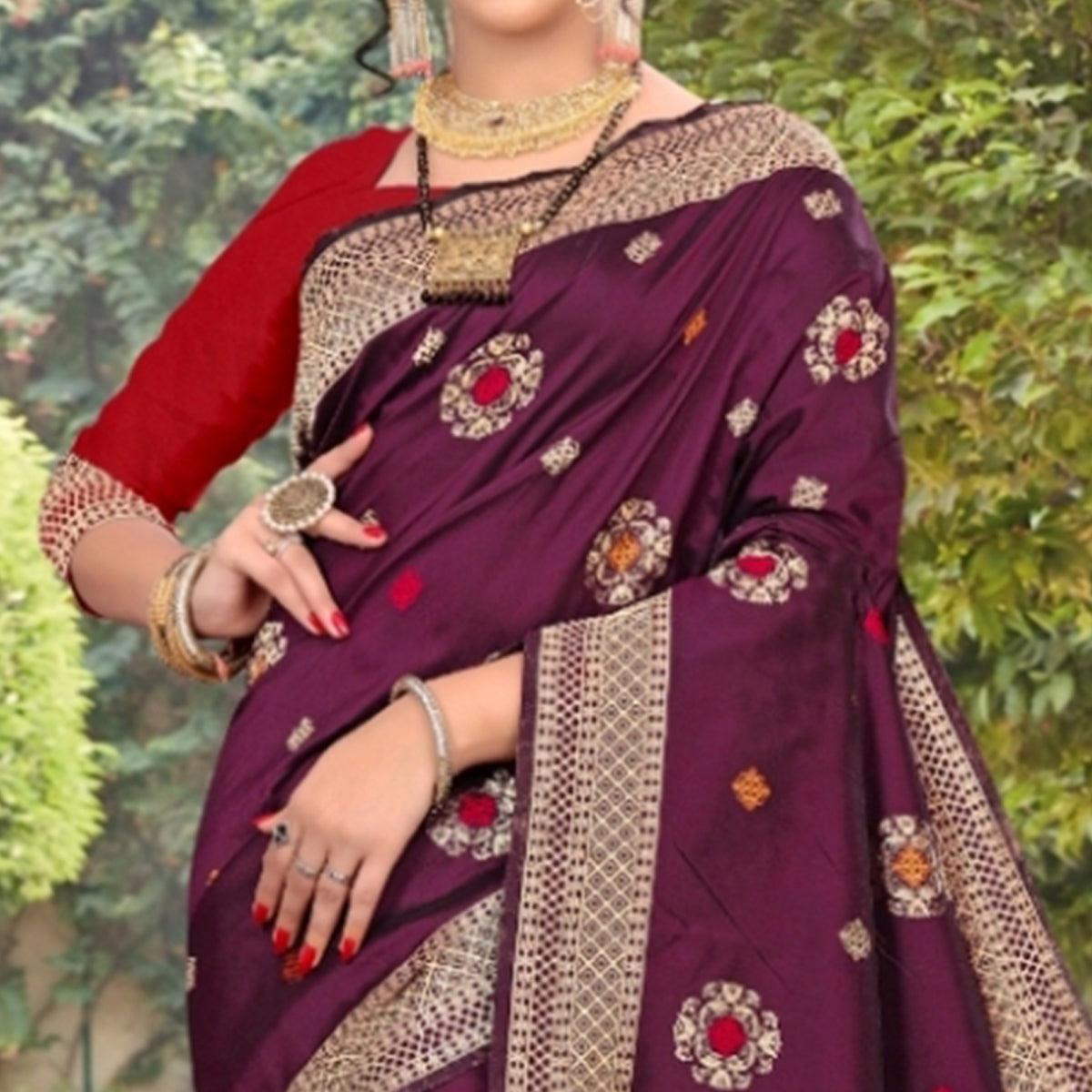 Energetic Purple Colored Festive Wear Woven Lichi Silk Saree