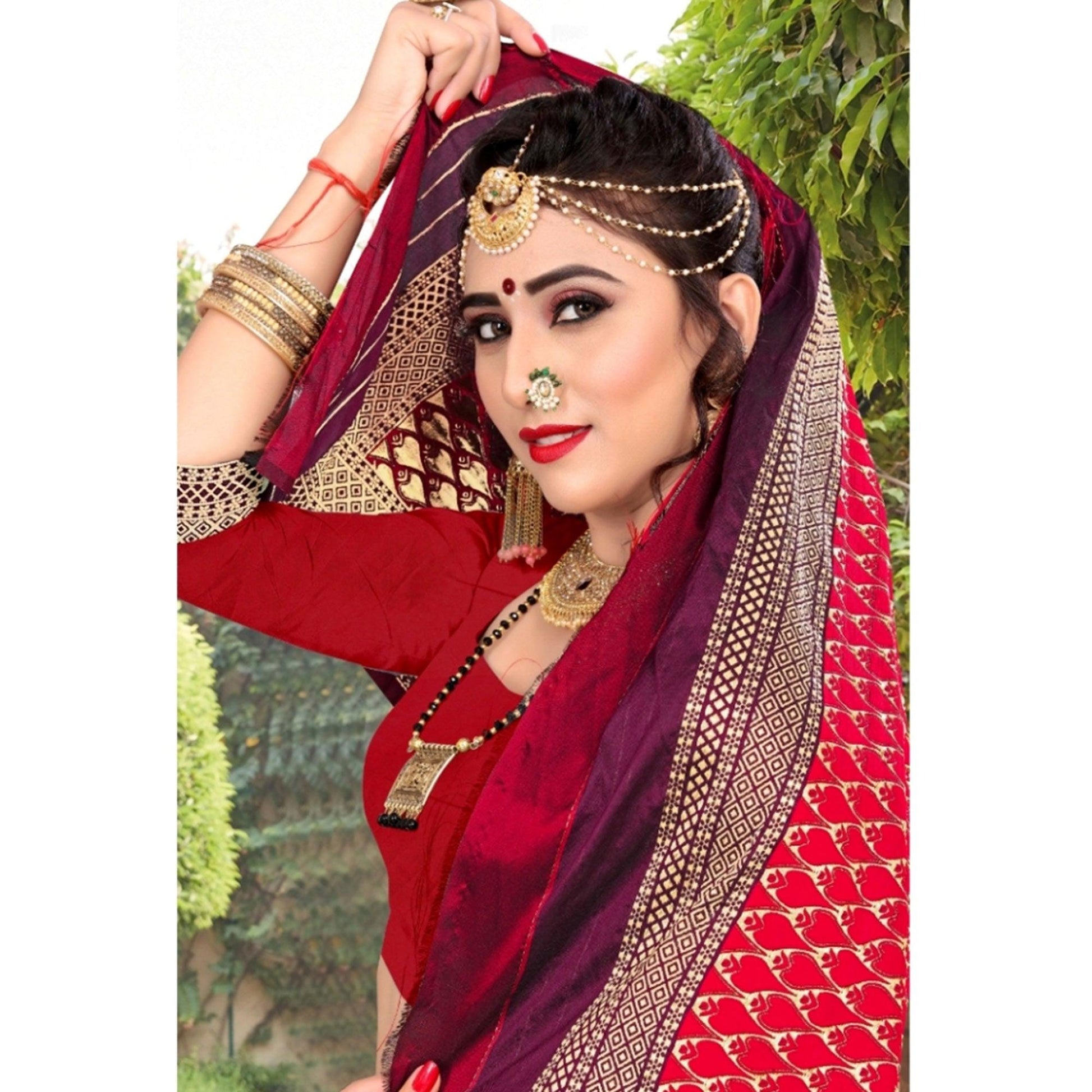 Energetic Purple Colored Festive Wear Woven Lichi Silk Saree