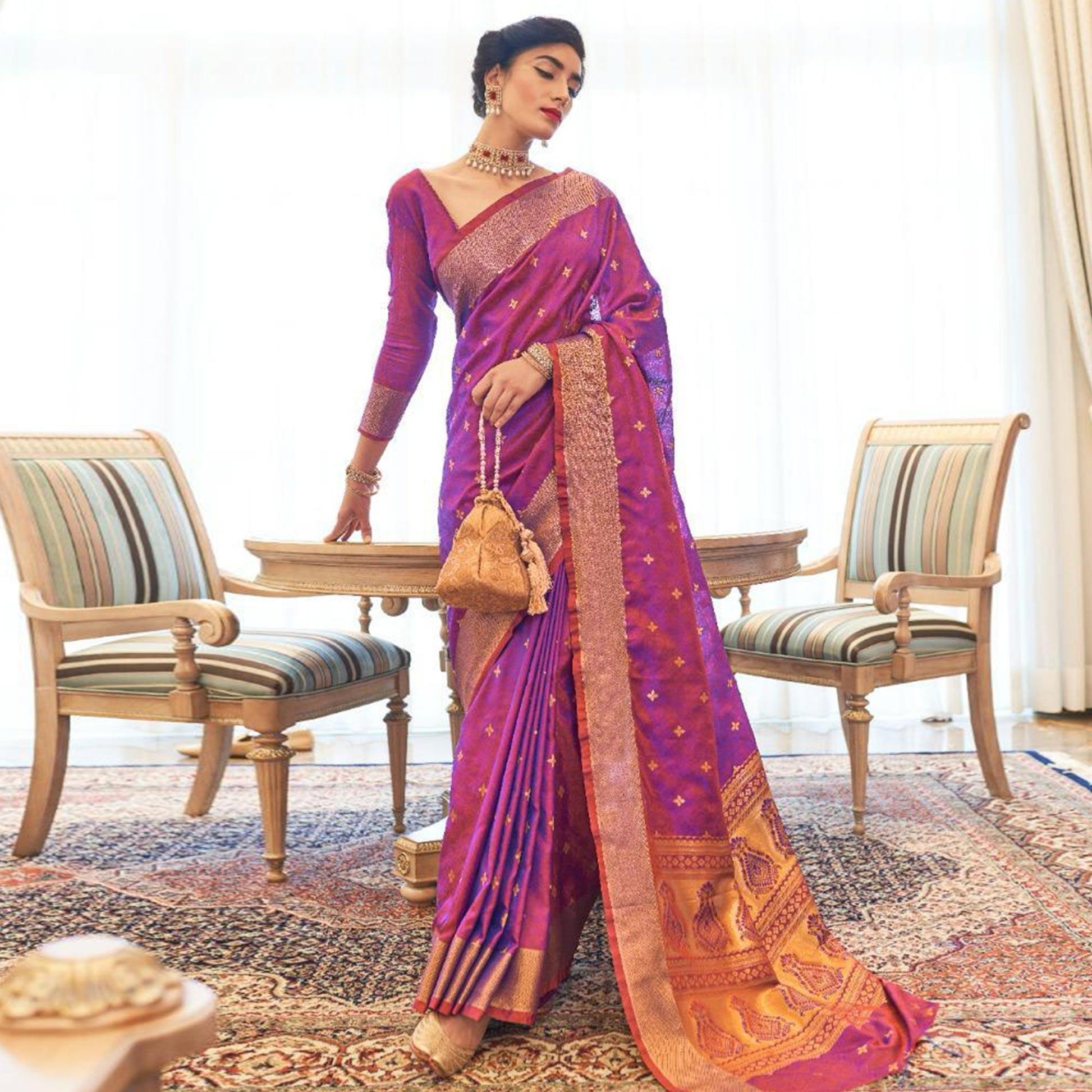 Energetic Purple Colored Festive Wear Woven Pure Kanjivaram Silk Saree