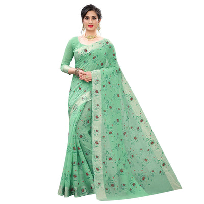 Energetic Rama Colored Casual Wear Printed Cotton Linen Saree