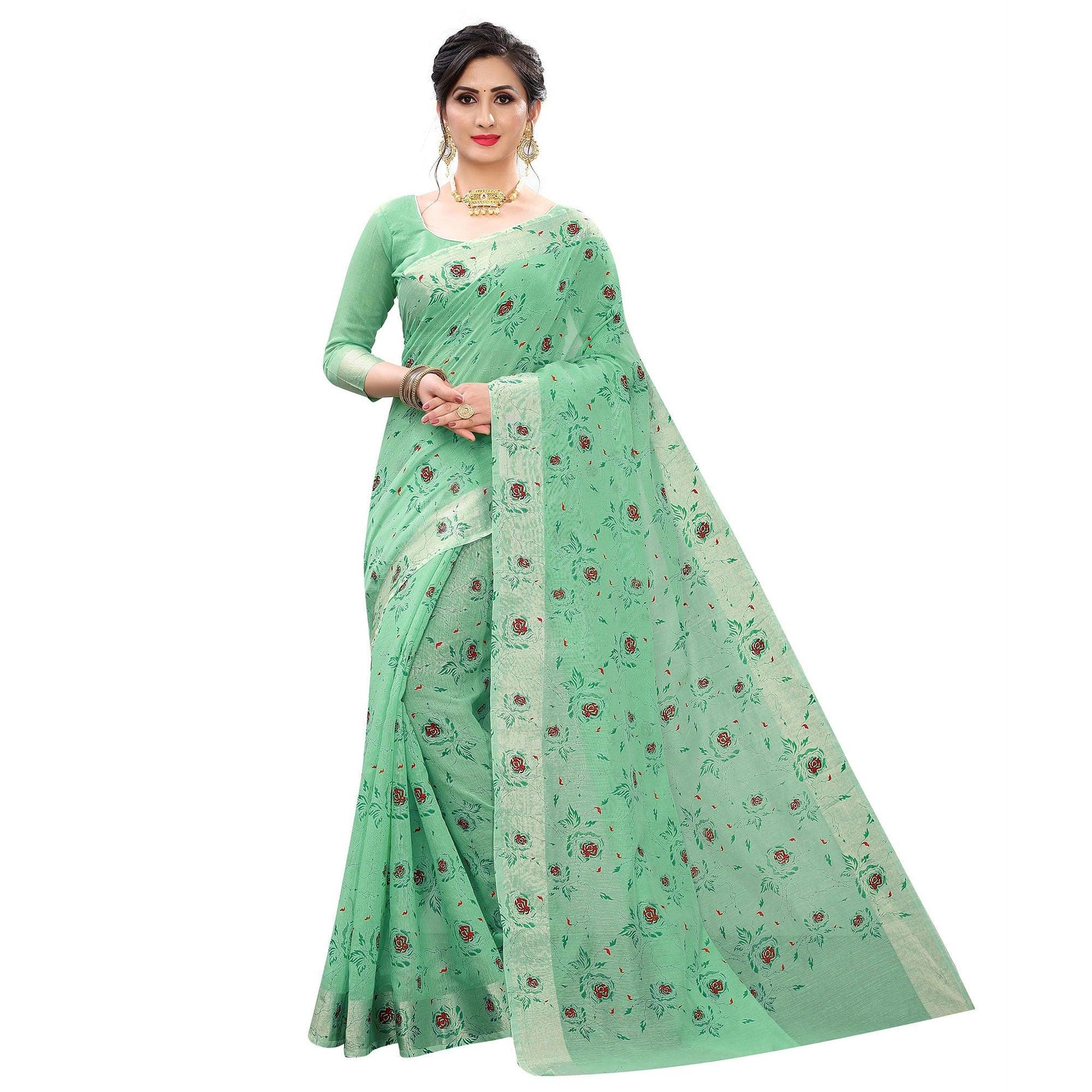 Energetic Rama Colored Casual Wear Printed Cotton Linen Saree