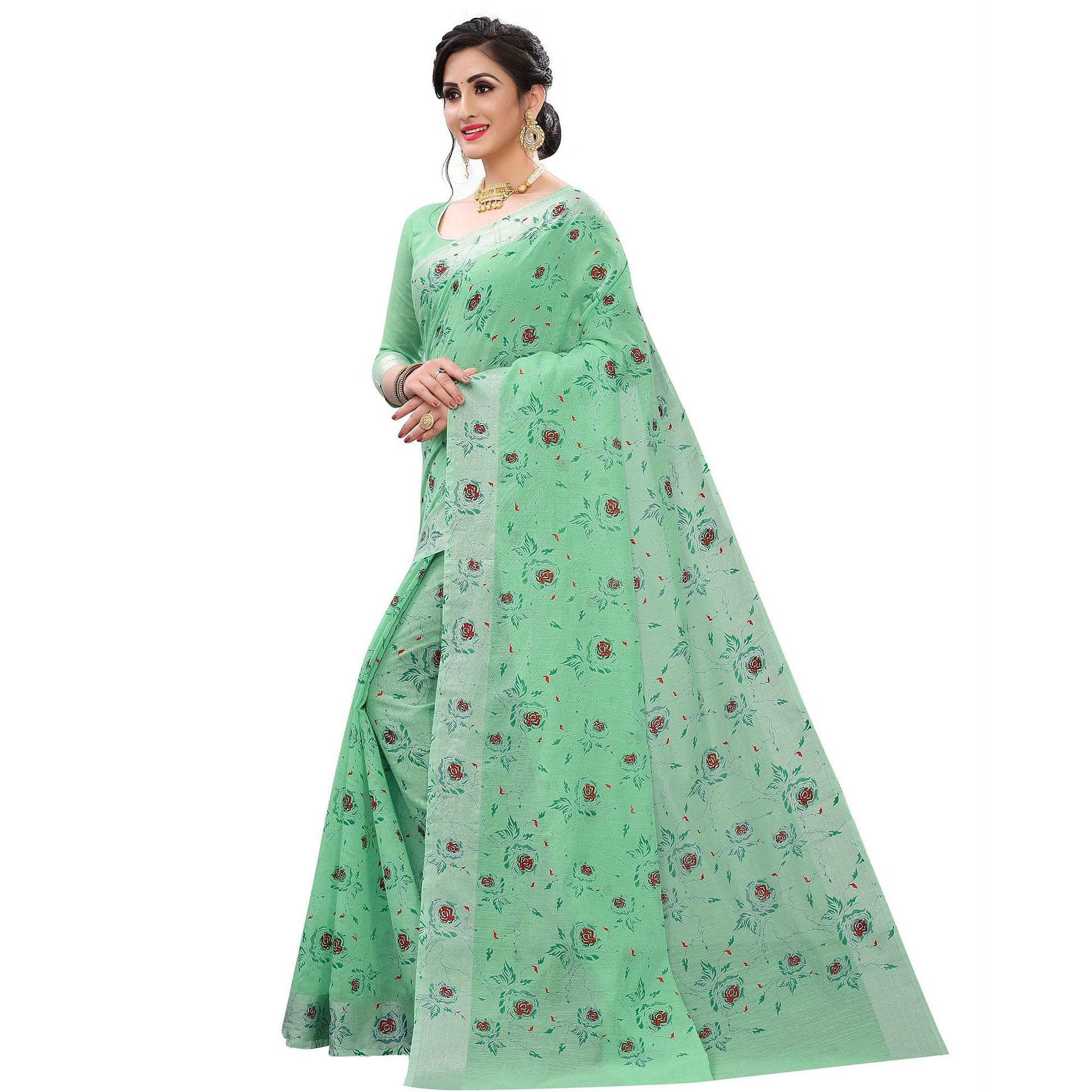 Energetic Rama Colored Casual Wear Printed Cotton Linen Saree