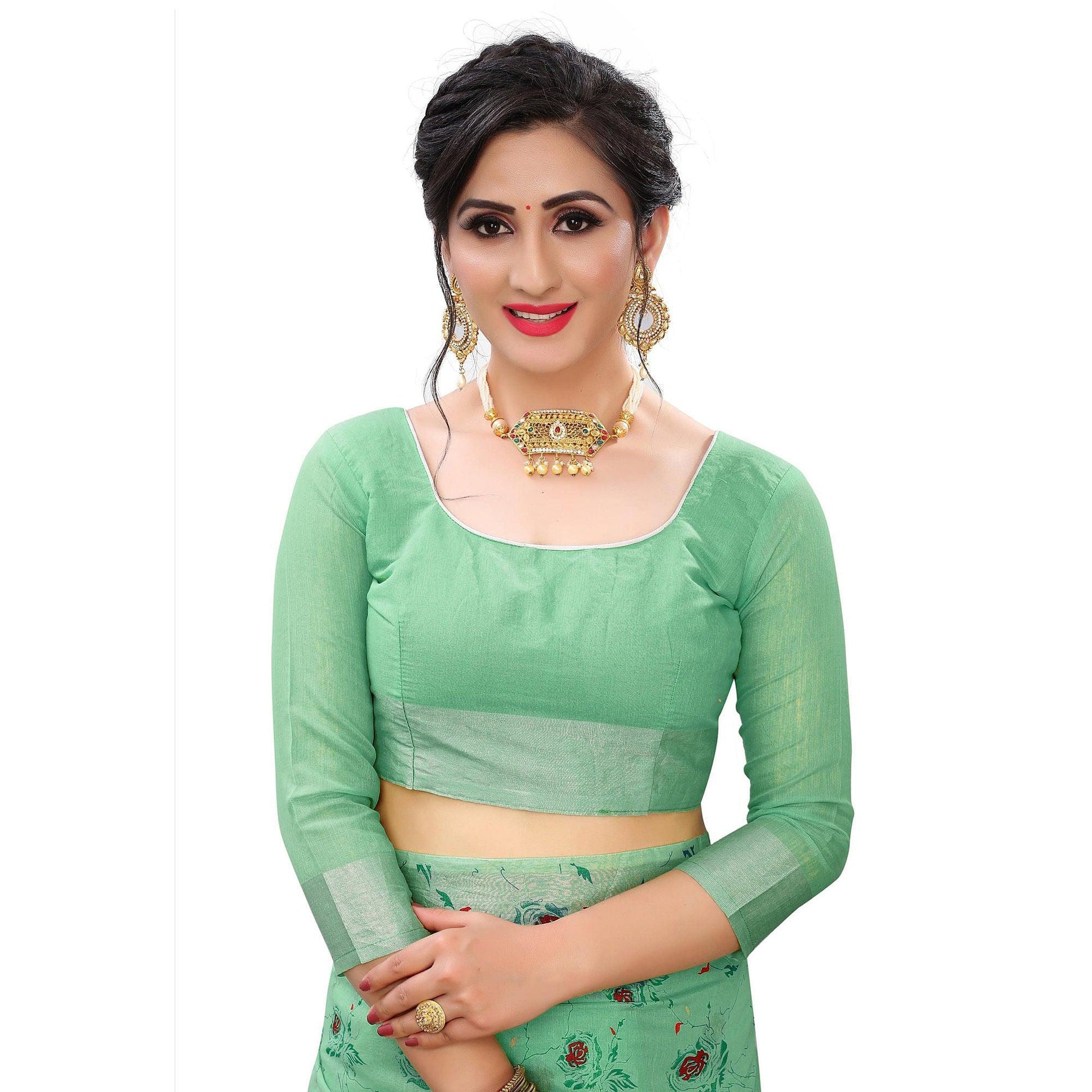 Energetic Rama Colored Casual Wear Printed Cotton Linen Saree
