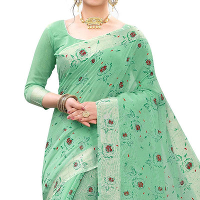 Energetic Rama Colored Casual Wear Printed Cotton Linen Saree