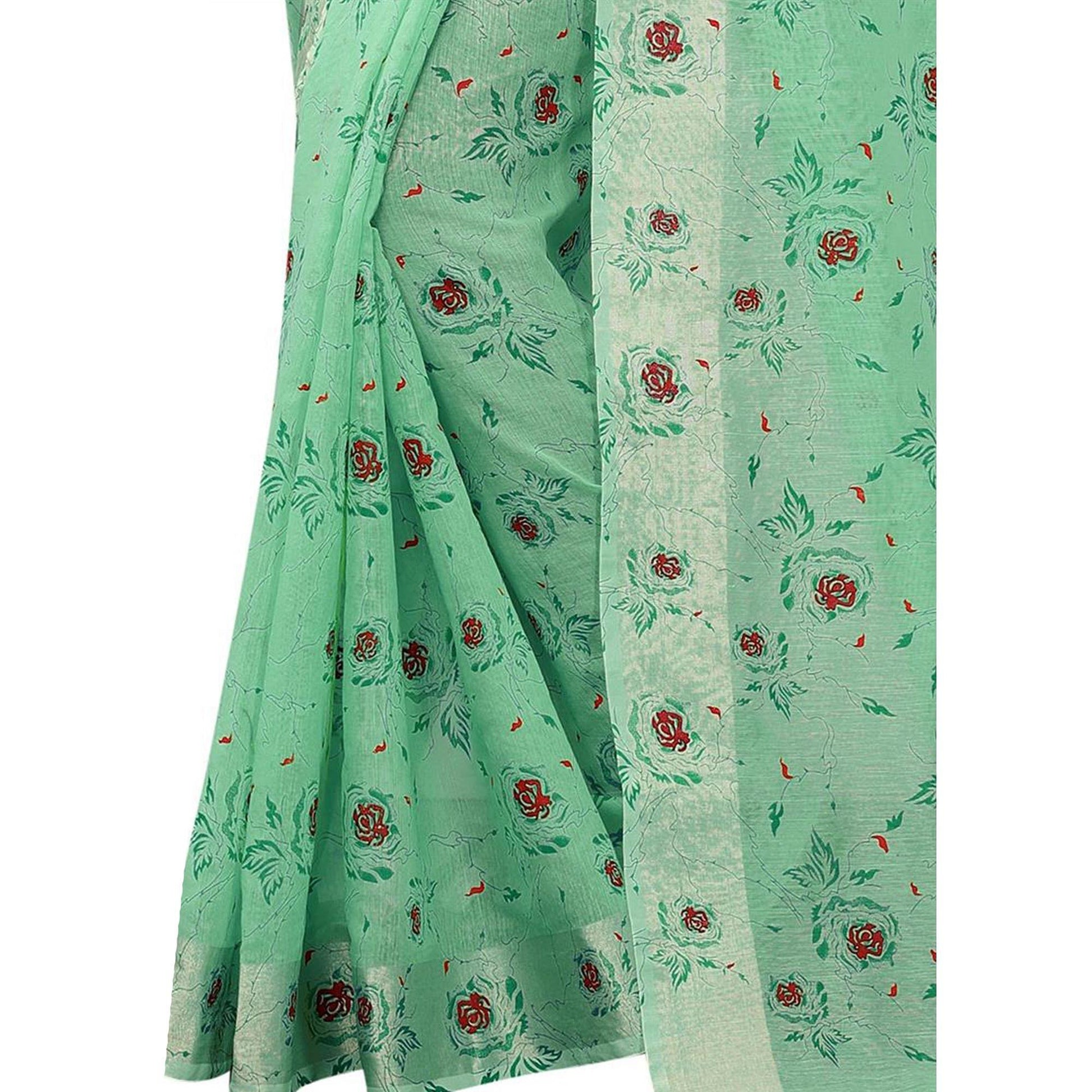 Energetic Rama Colored Casual Wear Printed Cotton Linen Saree