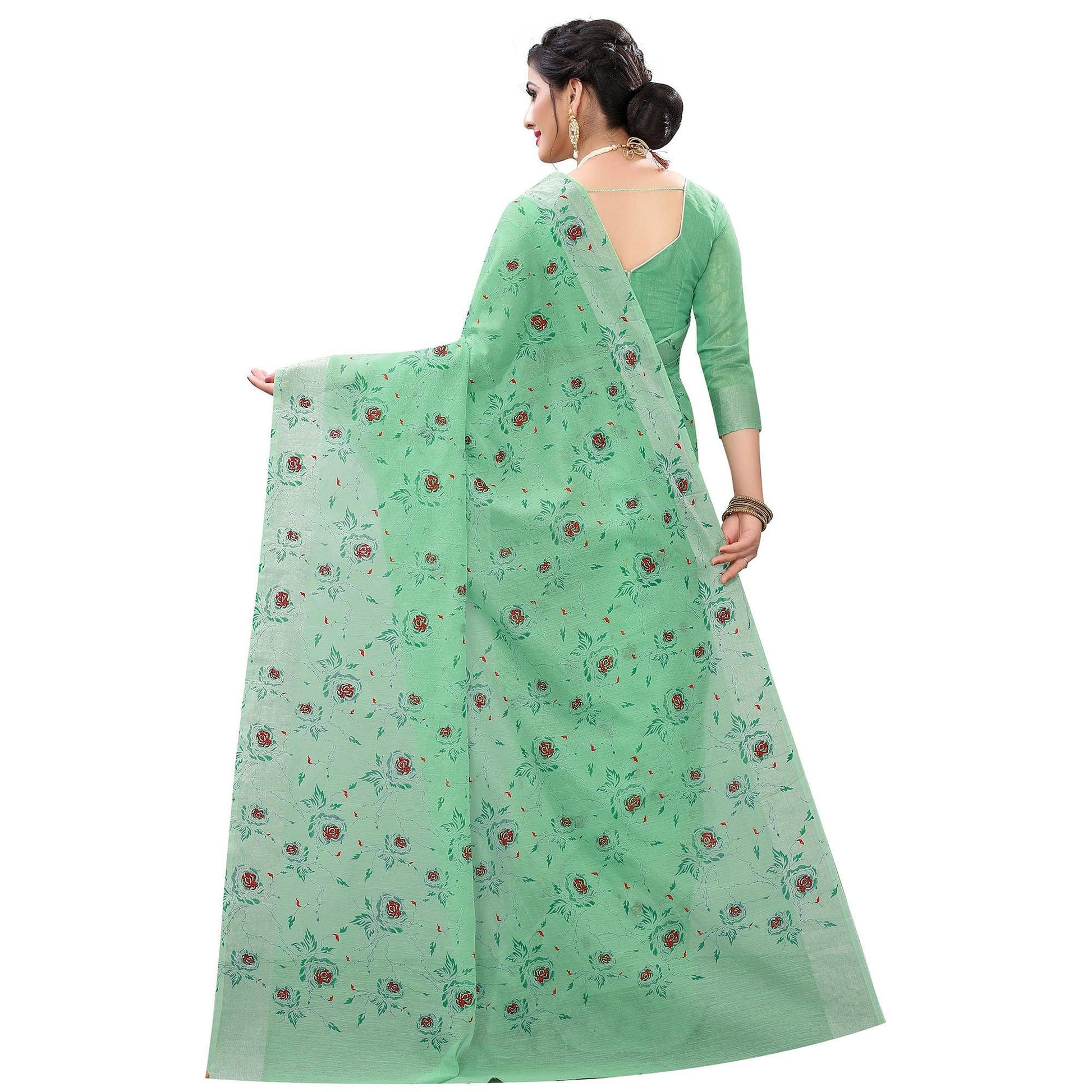 Energetic Rama Colored Casual Wear Printed Cotton Linen Saree