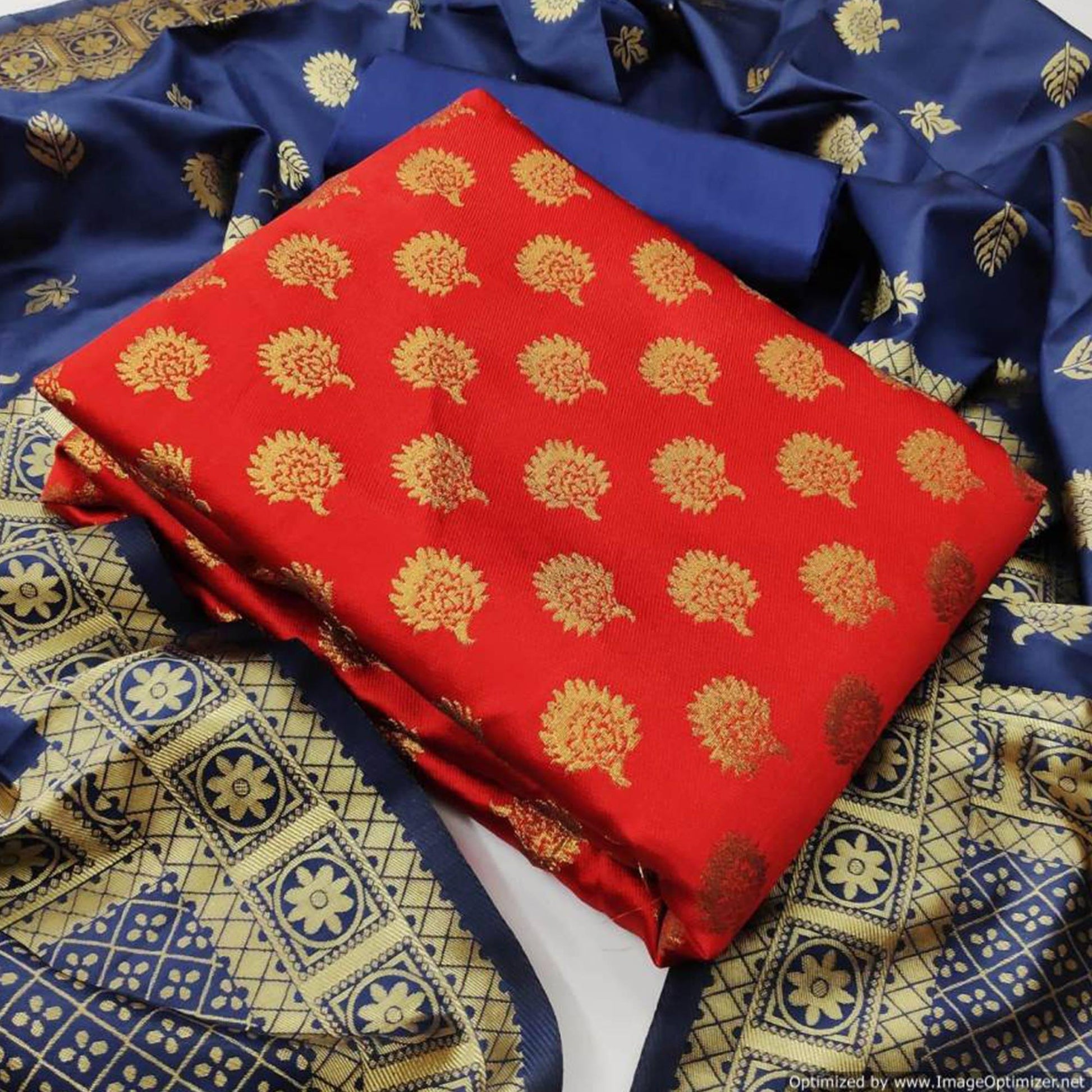 Energetic Red Colored Casual Wear Banarasi Silk Dress Material