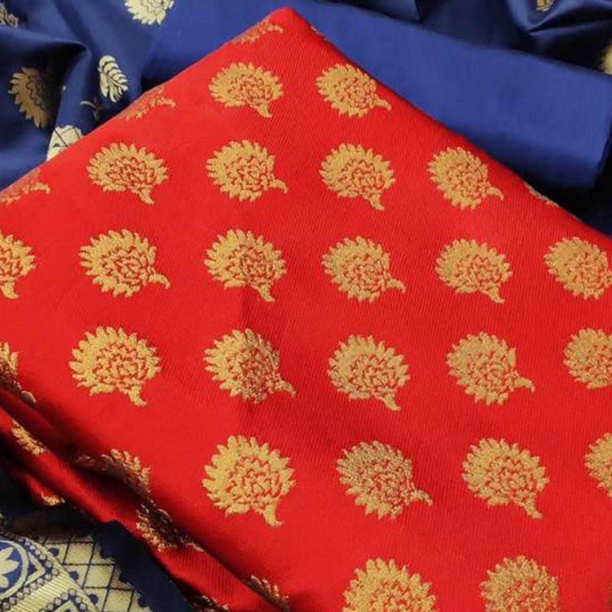 Energetic Red Colored Casual Wear Banarasi Silk Dress Material