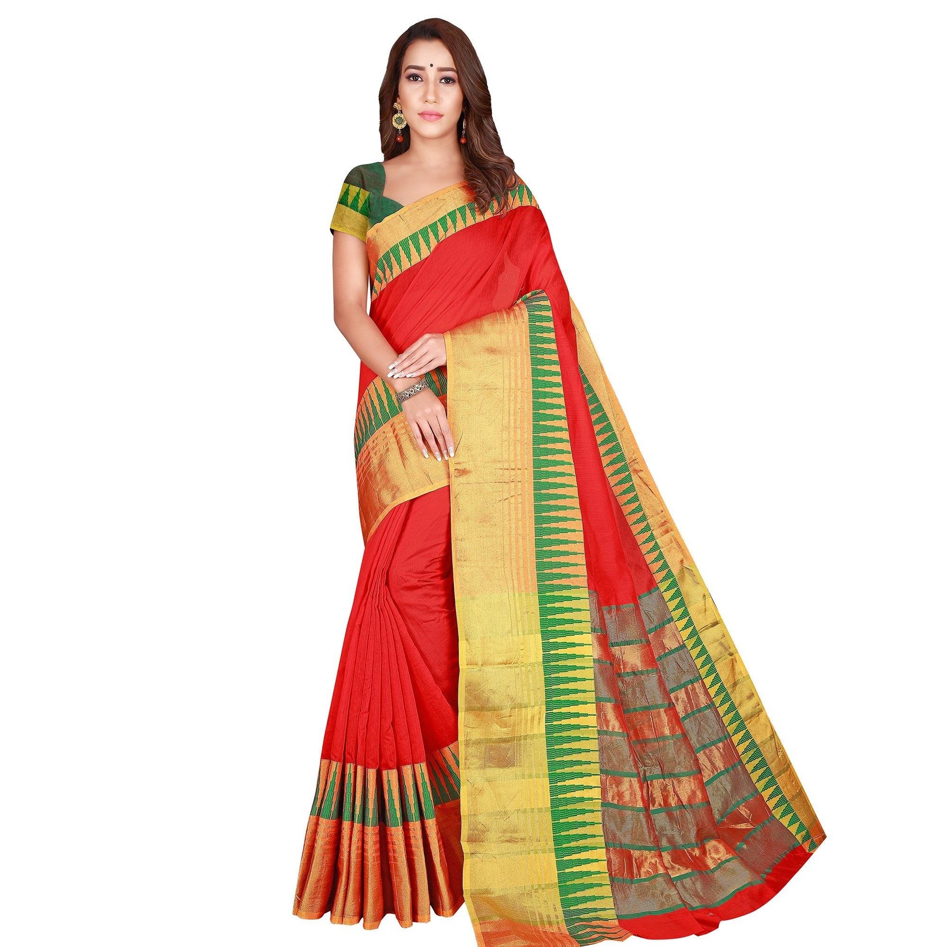 Energetic Red Colored Casual Wear Printed Cotton Handloom Saree