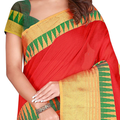 Energetic Red Colored Casual Wear Printed Cotton Handloom Saree