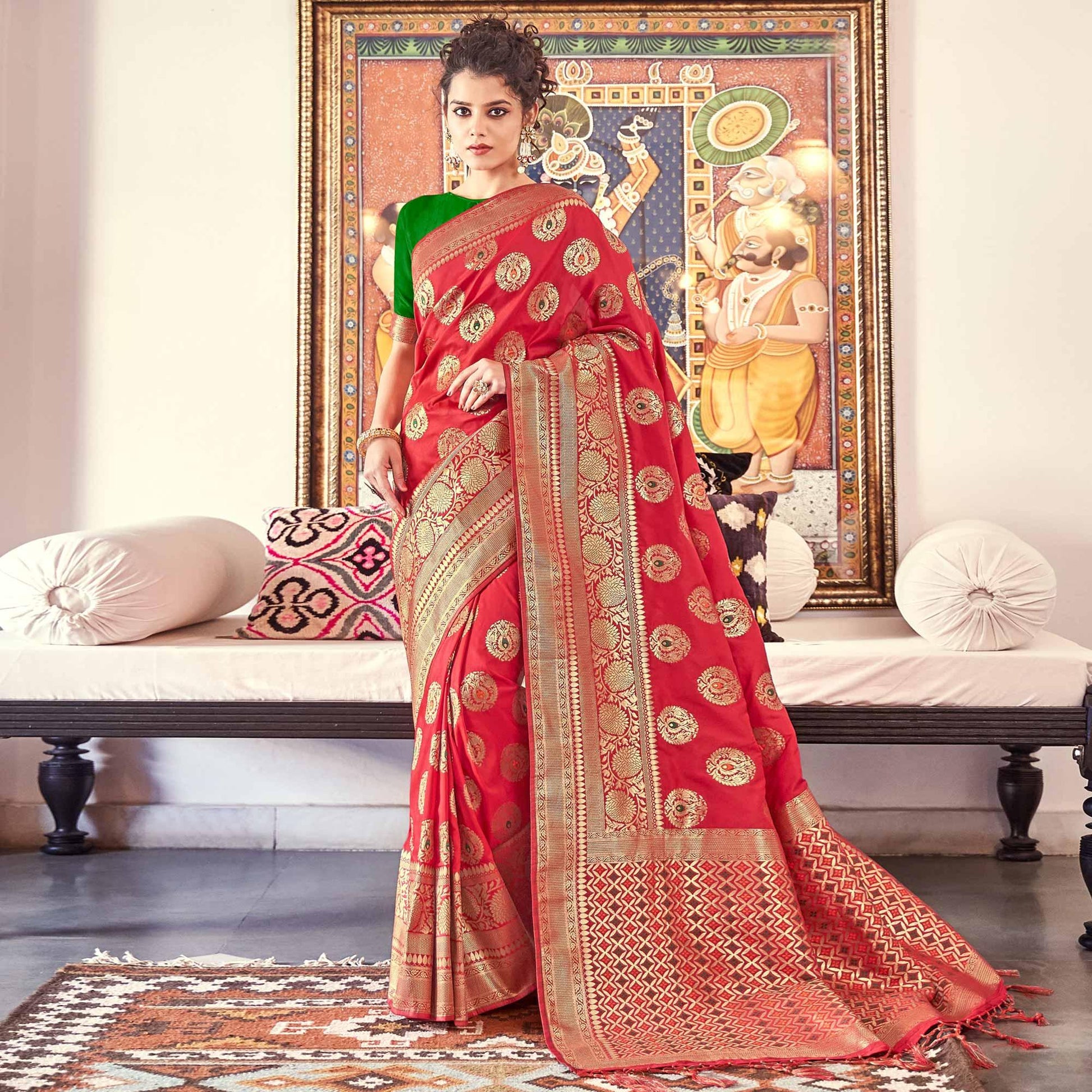 Energetic Red Colored Festive Wear Woven Banarasi Silk Saree
