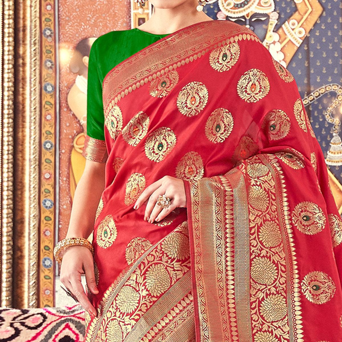 Energetic Red Colored Festive Wear Woven Banarasi Silk Saree