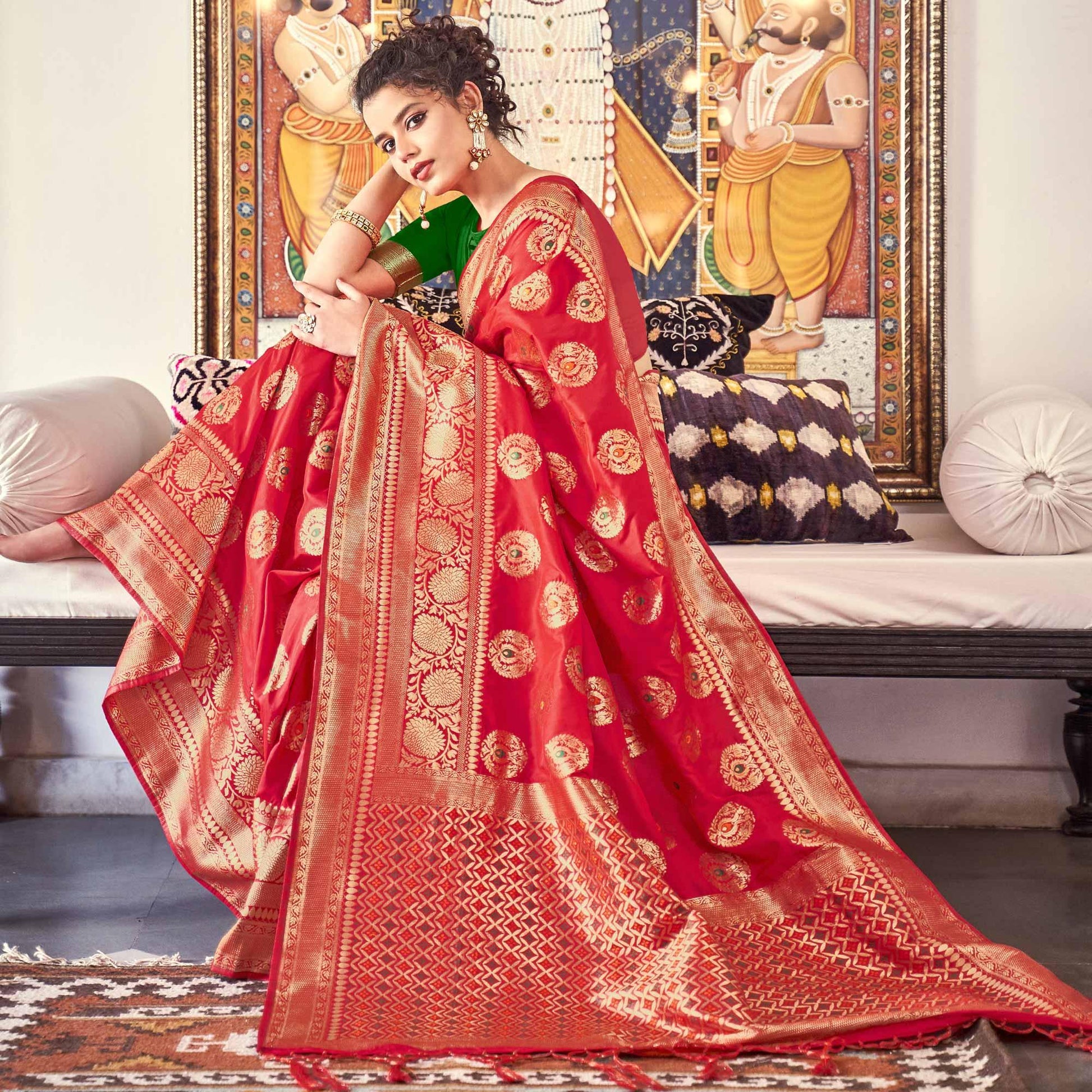 Energetic Red Colored Festive Wear Woven Banarasi Silk Saree