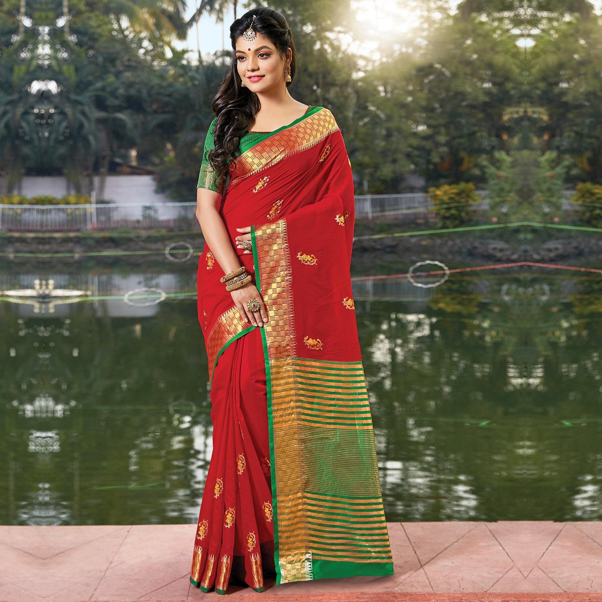 Energetic Red Colored Festive Wear Woven Cotton Silk Saree