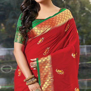 Energetic Red Colored Festive Wear Woven Cotton Silk Saree