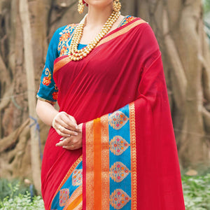 Energetic Red Colored Festive Wear Woven Handloom Silk Saree