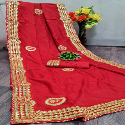 Energetic Red Colored Festive Wear Woven Moss Georgette Saree