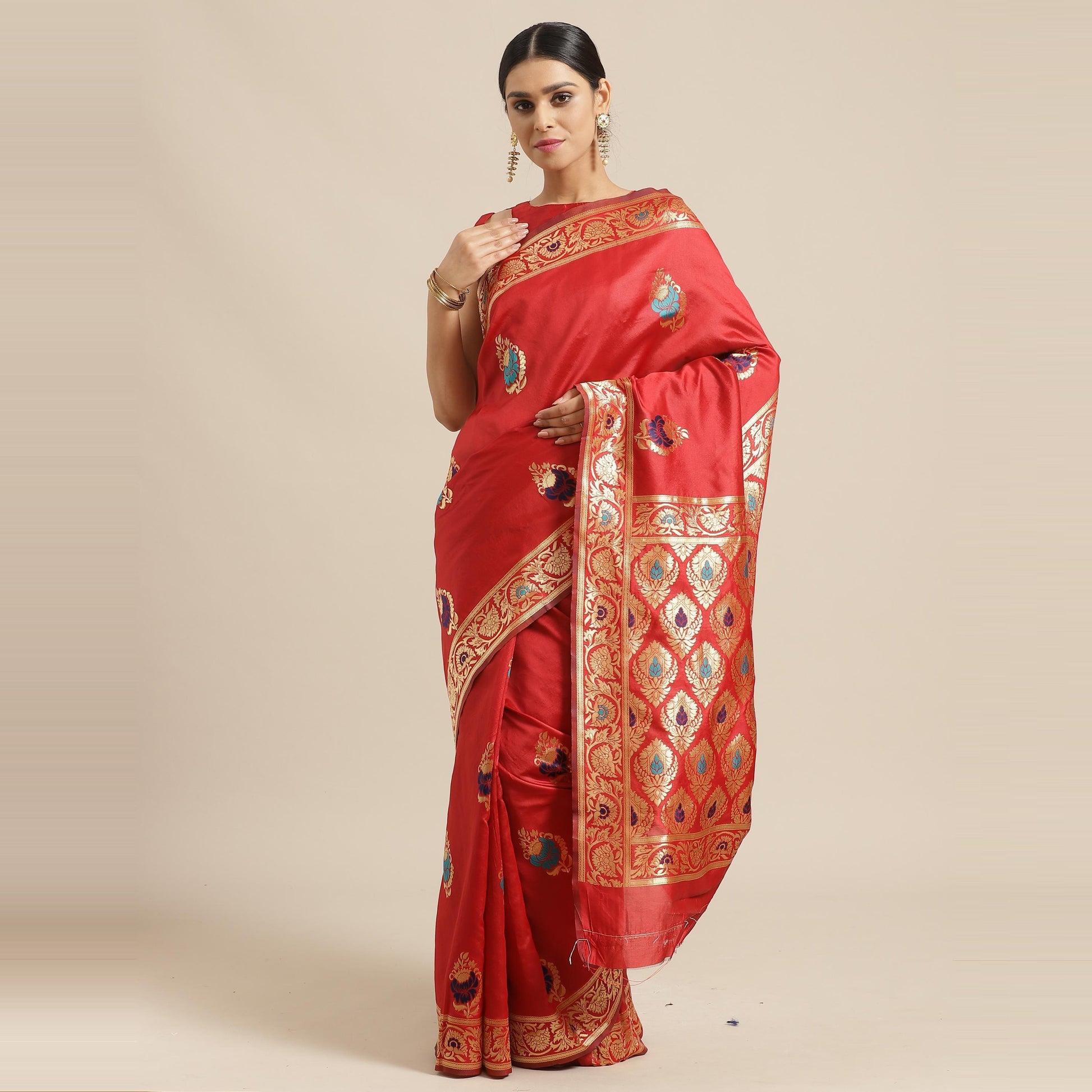 Energetic Red Colored Festive Wear Woven Silk Blend Saree