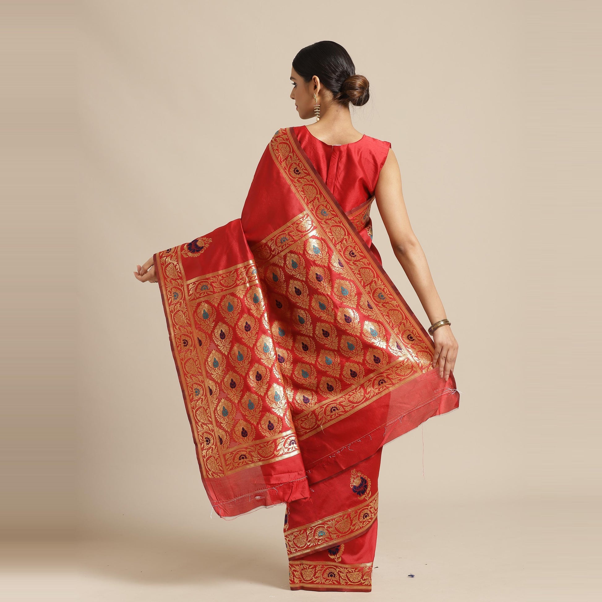 Energetic Red Colored Festive Wear Woven Silk Blend Saree