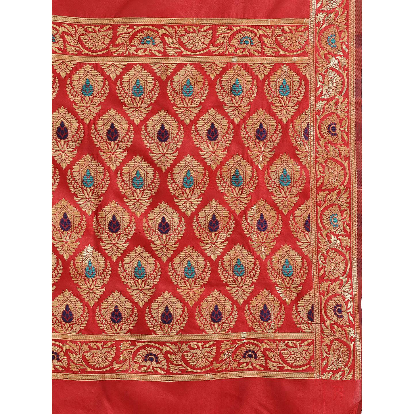 Energetic Red Colored Festive Wear Woven Silk Blend Saree