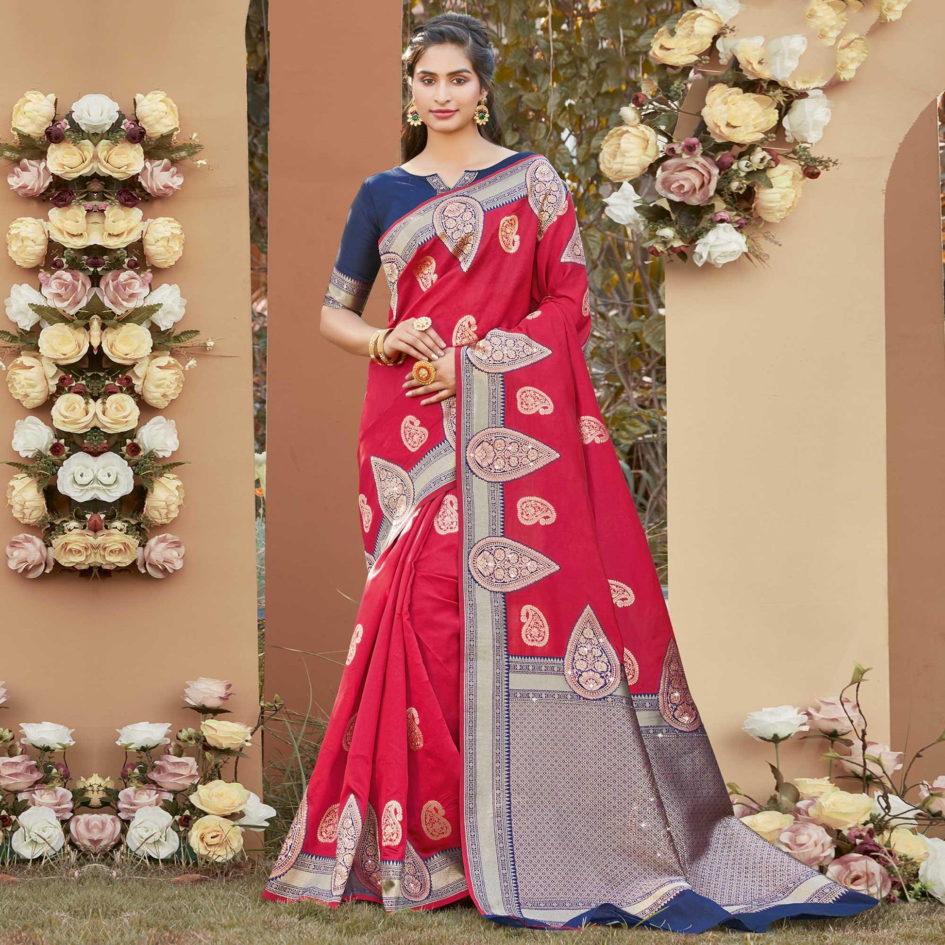 Energetic Red Colored Festive Wear Woven Silk Saree