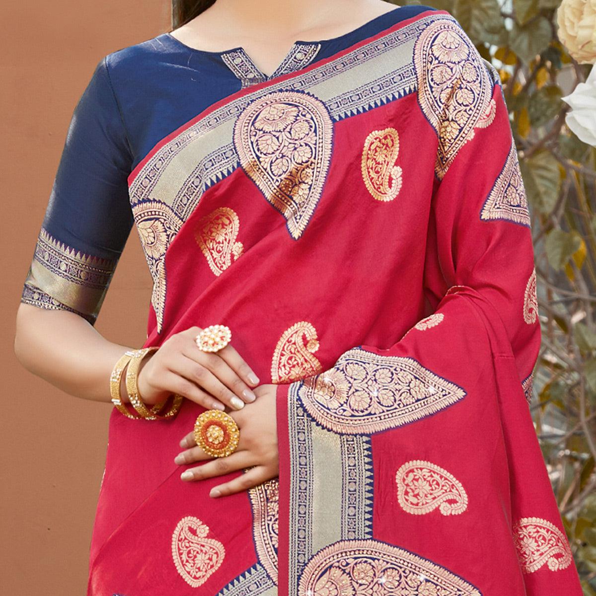Energetic Red Colored Festive Wear Woven Silk Saree