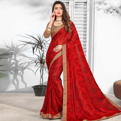 Energetic Red Colored Partywear Printed Chiffon Saree