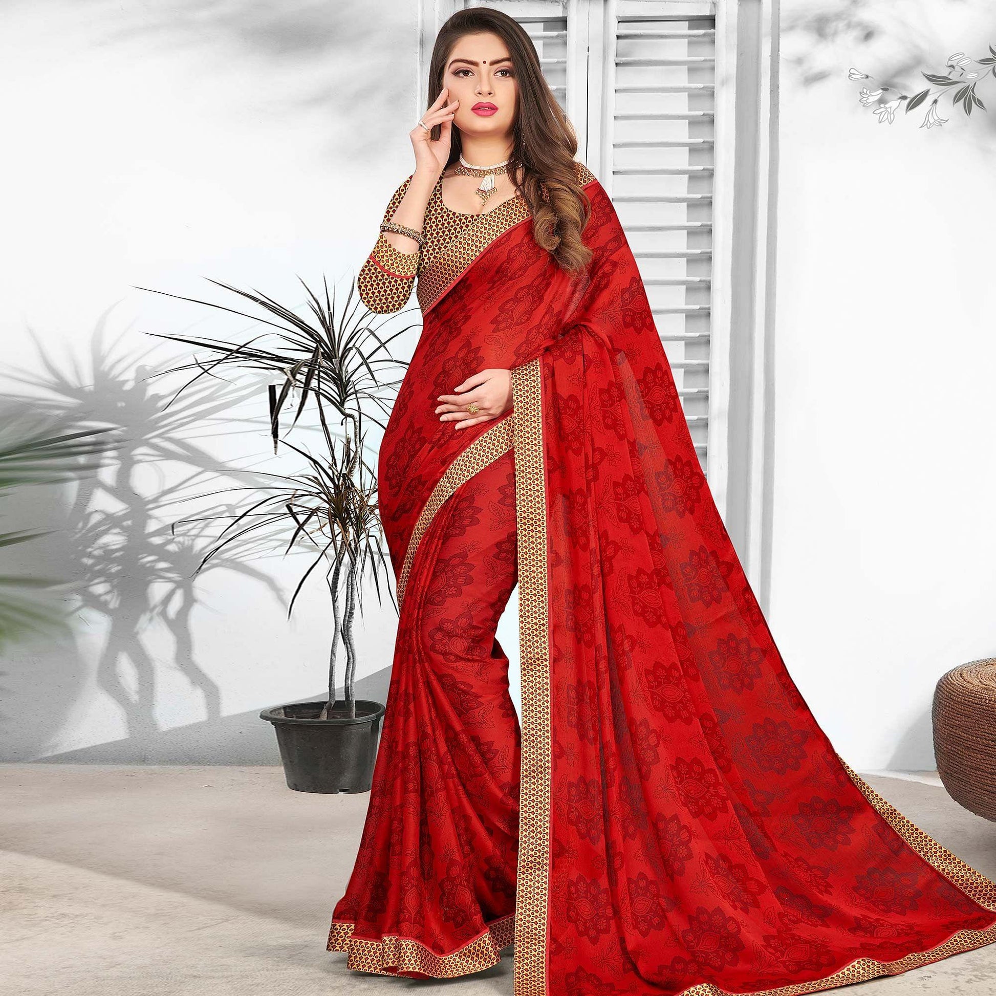 Energetic Red Colored Partywear Printed Chiffon Saree