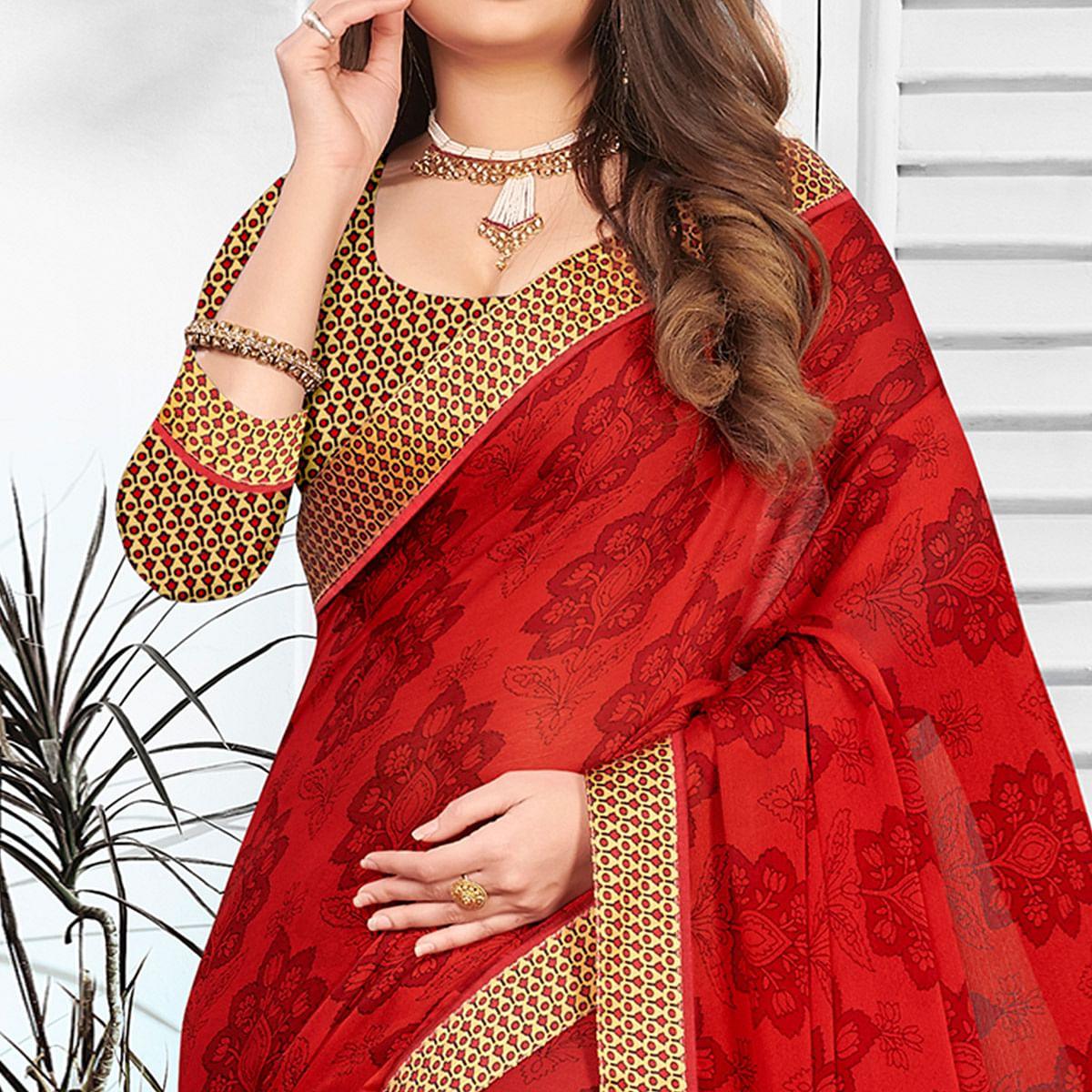 Energetic Red Colored Partywear Printed Chiffon Saree
