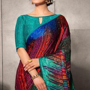 Energetic Red - Multi Colored Partywear Printed Silk Crape Saree
