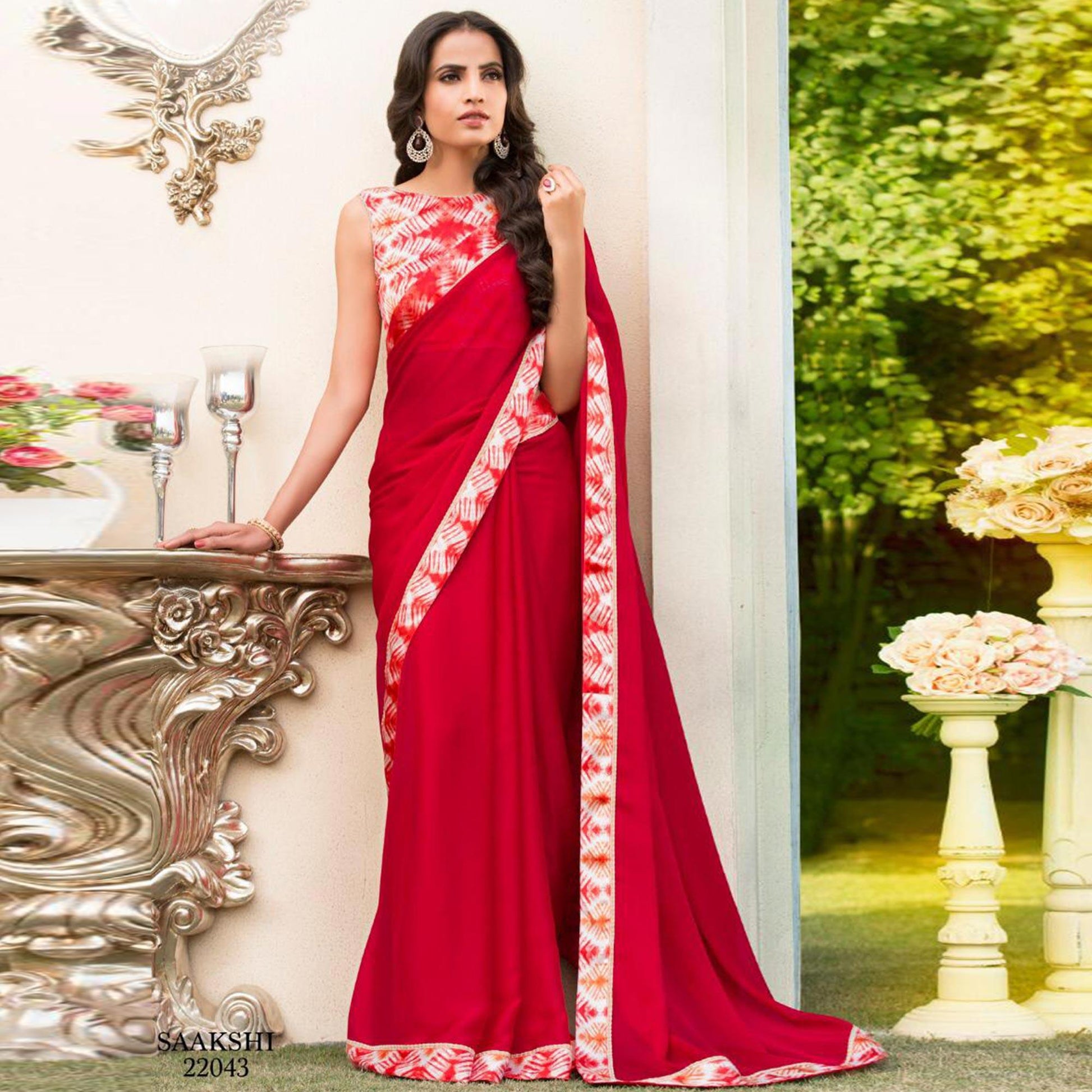 Energetic Ruby Red Colored Partywear Printed Chiffon Saree