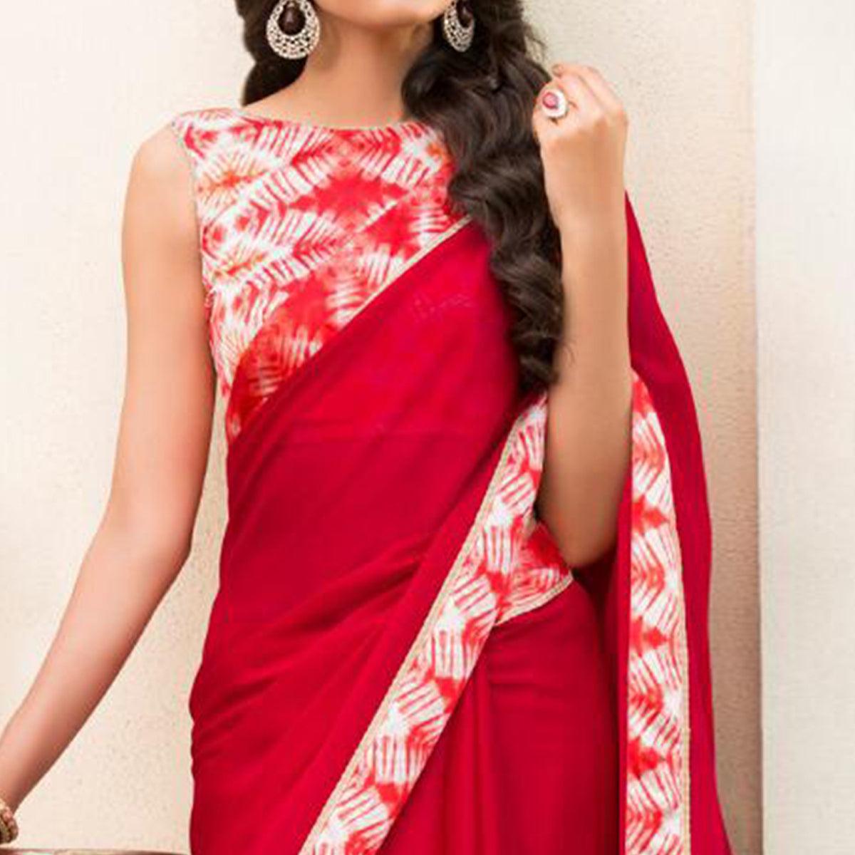 Energetic Ruby Red Colored Partywear Printed Chiffon Saree