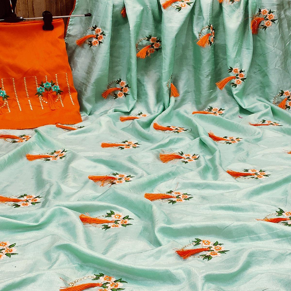 Energetic Sea Green Colored Partywear Embroidered Dola Silk Saree