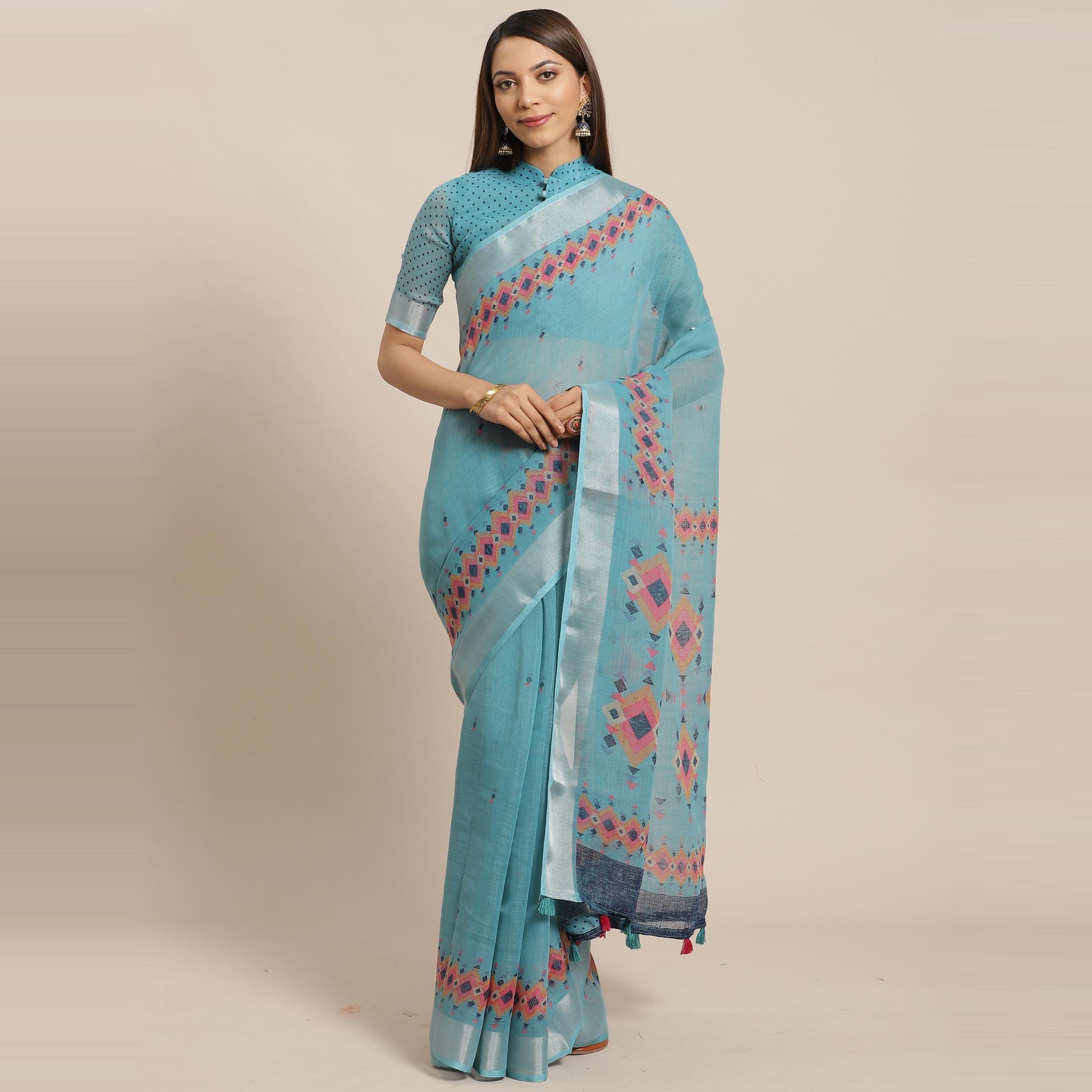 Energetic Teal Blue Colored Casual Wear Printed Linen Saree