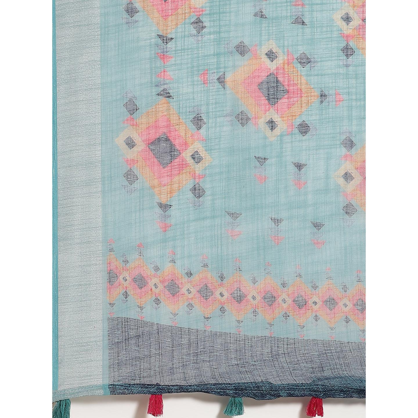 Energetic Teal Blue Colored Casual Wear Printed Linen Saree