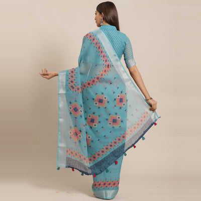 Energetic Teal Blue Colored Casual Wear Printed Linen Saree