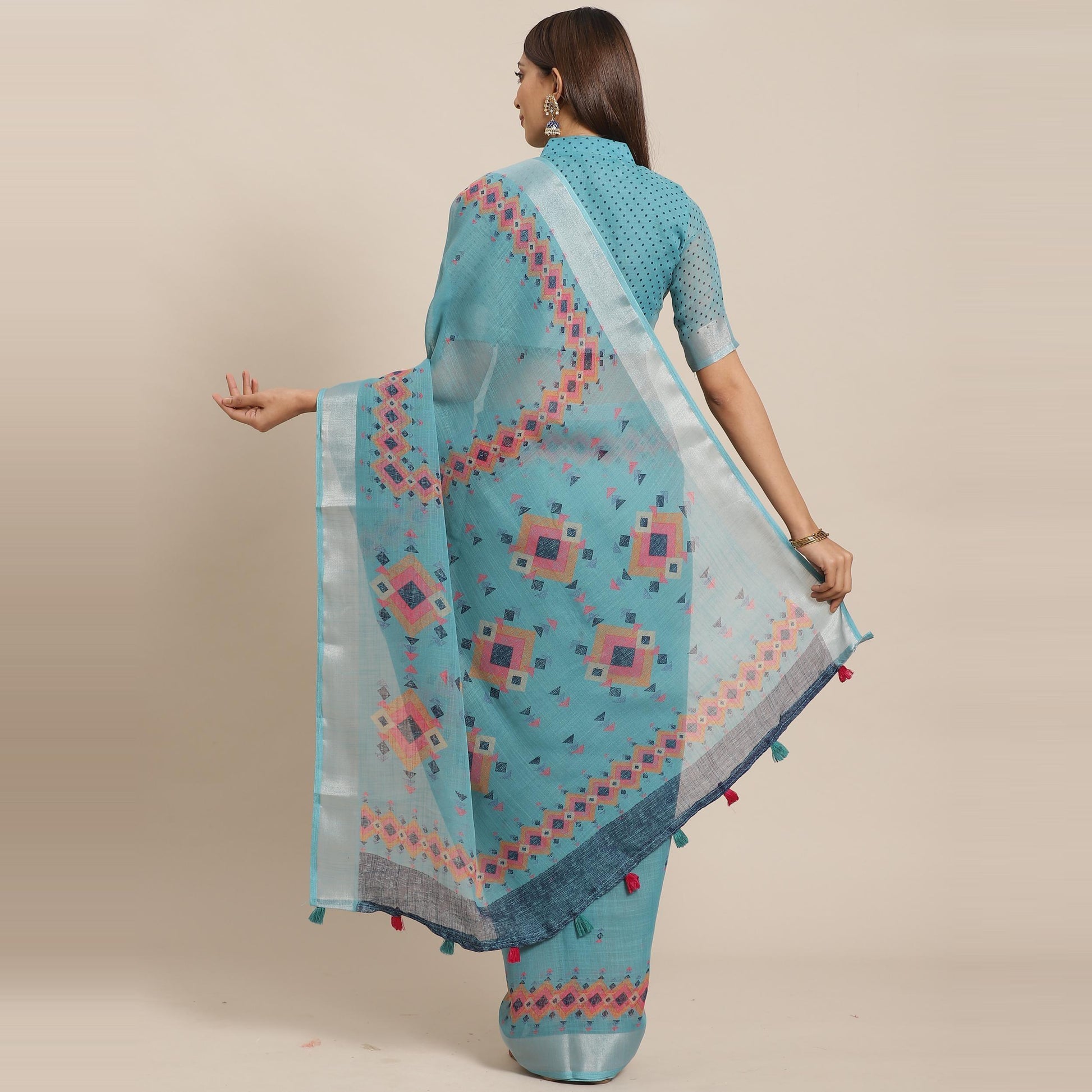 Energetic Teal Blue Colored Casual Wear Printed Linen Saree
