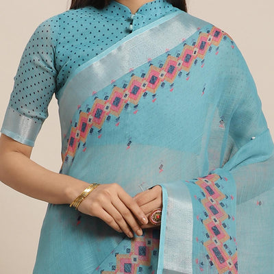 Energetic Teal Blue Colored Casual Wear Printed Linen Saree