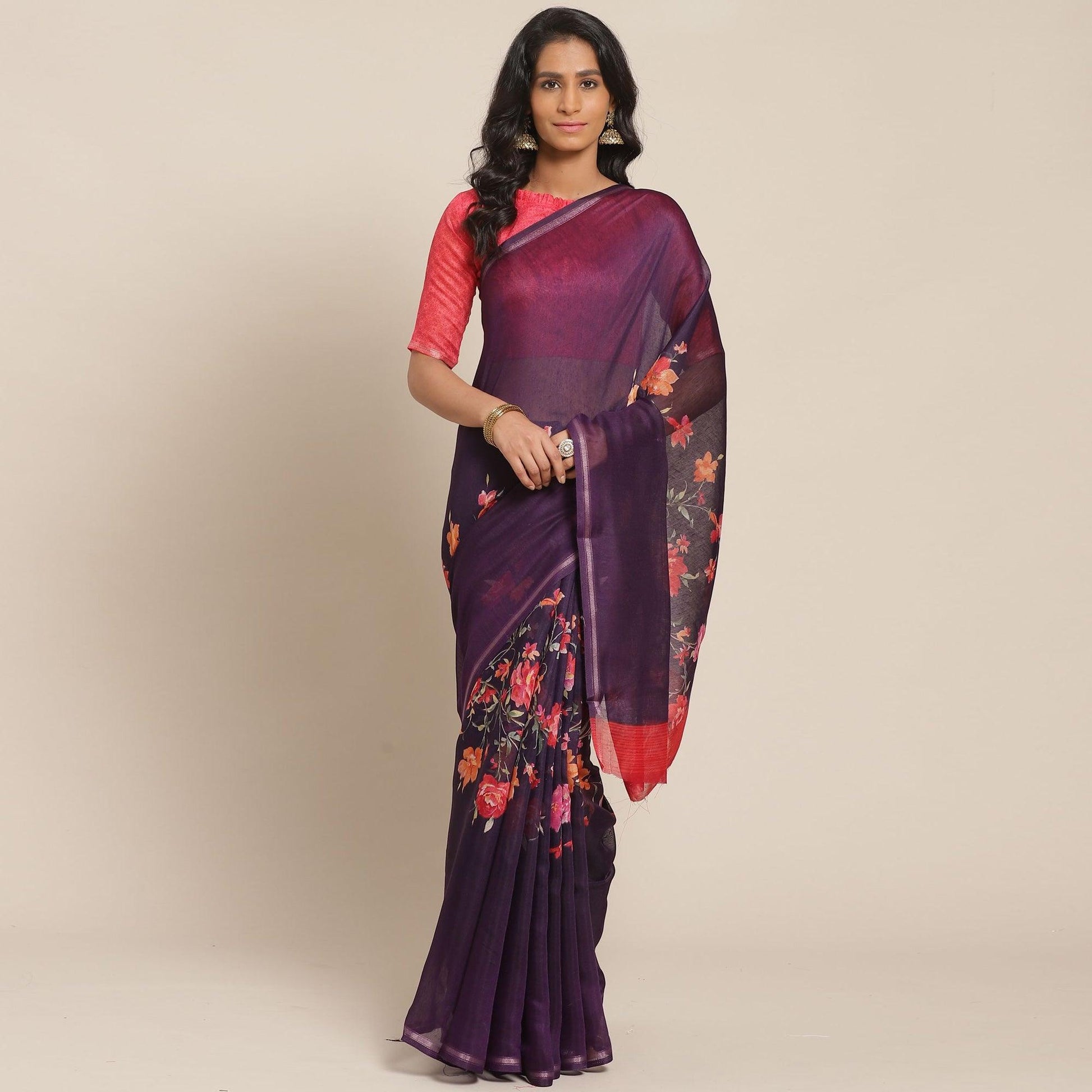 Energetic Violet Colored Casual Wear Printed Cotton Blend Saree