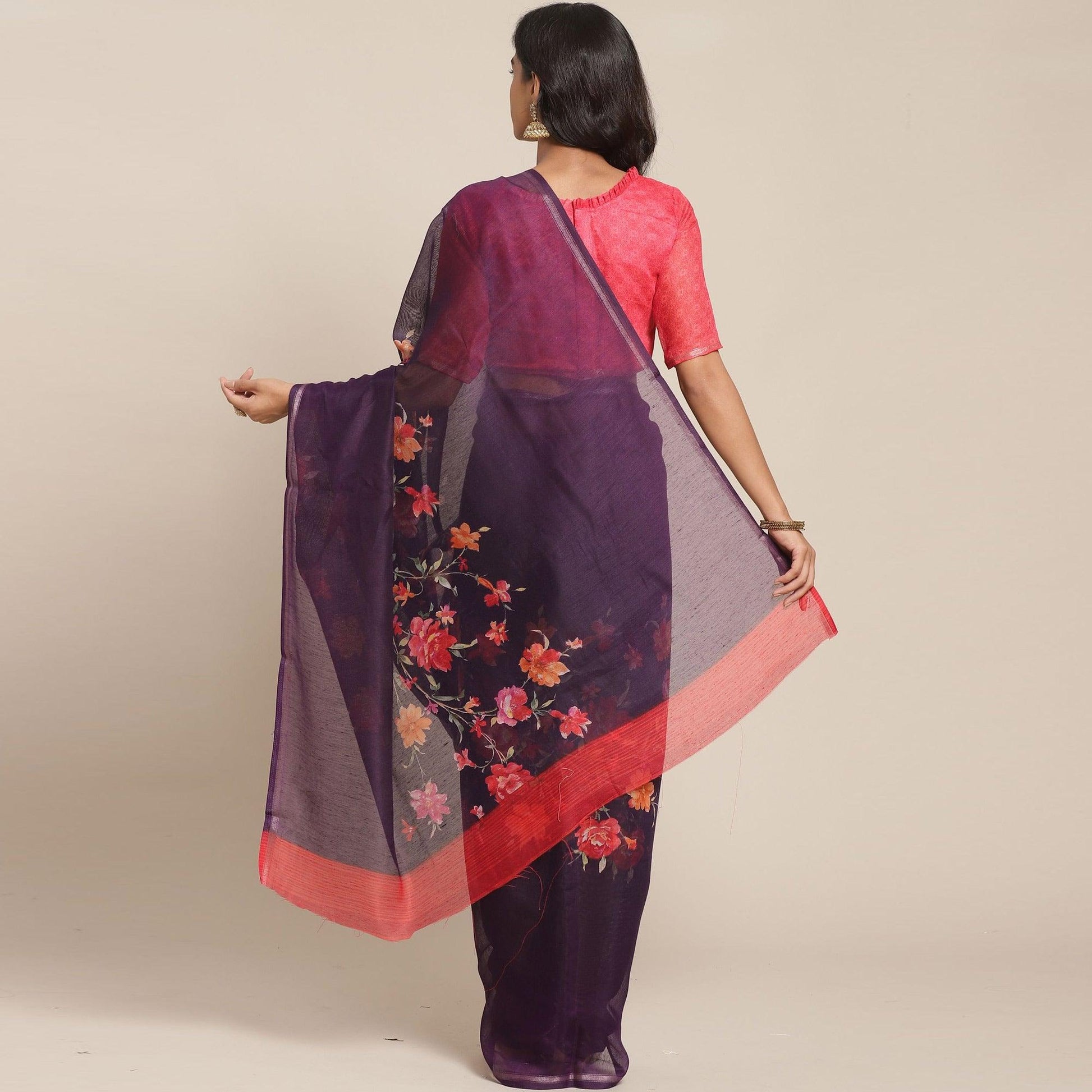 Energetic Violet Colored Casual Wear Printed Cotton Blend Saree